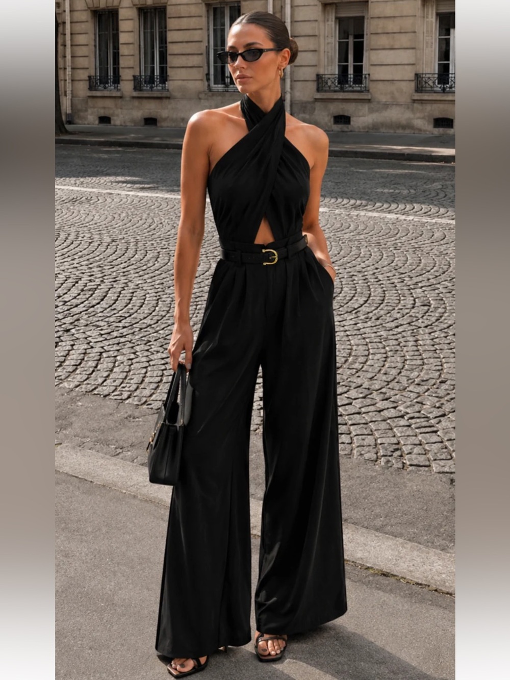 Commense Cross Halter Wide Leg Jumpsuit without Belt